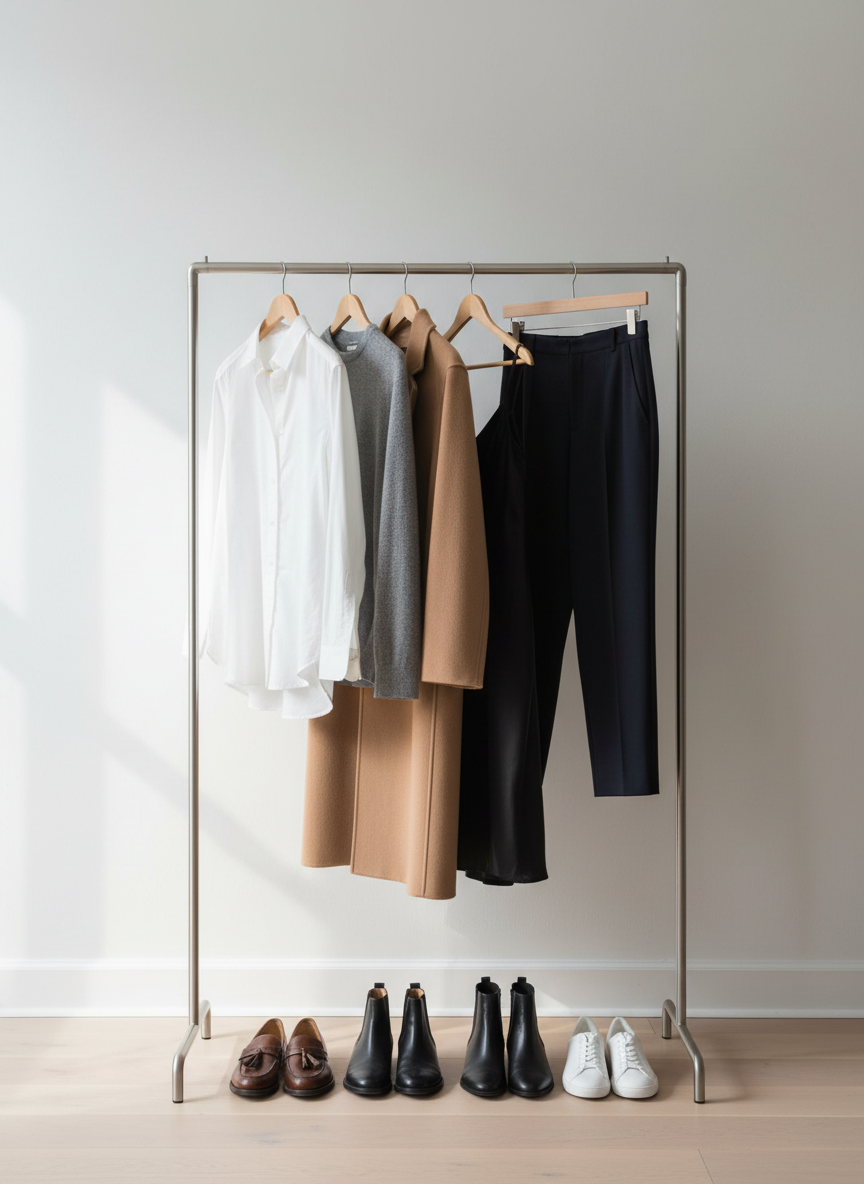 An elegant capsule wardrobe rail featuring curated classic pieces, arranged against a smooth, matte off-white wall. A slim brushed-metal clothing rack holds a thoughtful progression of garments: a crisp white cotton button-up, a charcoal gray cashmere crewneck, a refined camel coat, a silky black slip dress, and tailored navy trousers, all on matching slim wooden hangers. Below, a row of polished leather loafers, ankle boots, and minimalist sneakers lines a pale oak floor. Soft, indirect daylight from a nearby unseen window creates gentle highlights in the fabrics’ textures and subtle shadows behind the rack. Captured at eye level with a shallow depth of field and photographic realism, the mood is calm, sophisticated, and aspirational, perfectly conveying a fashion lover’s refined, wearable style edit.