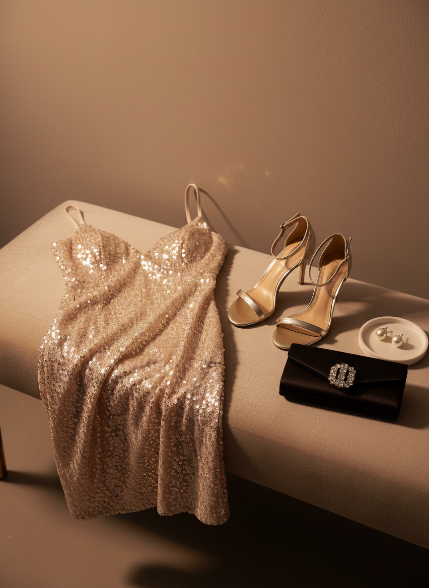 An evening-ready outfit vignette arranged on a plush, pale beige velvet bench against a softly textured taupe wall. A sequined champagne slip dress with delicate shimmer is draped gracefully, its fabric catching the light, next to strappy metallic gold heels placed neatly at one end. A compact black satin clutch with a crystal-embellished closure rests nearby, along with a pair of understated pearl stud earrings on a small ceramic tray. Warm, golden-hour style artificial lighting from an unseen lamp to the left casts a romantic glow, creating sparkling highlights on the sequins and gentle shadows along the bench. Shot at a slightly elevated angle in photographic realism, with a focus on texture and sheen, the mood is luxurious yet wearable, illustrating a sophisticated night-out look for the fashion blog.
