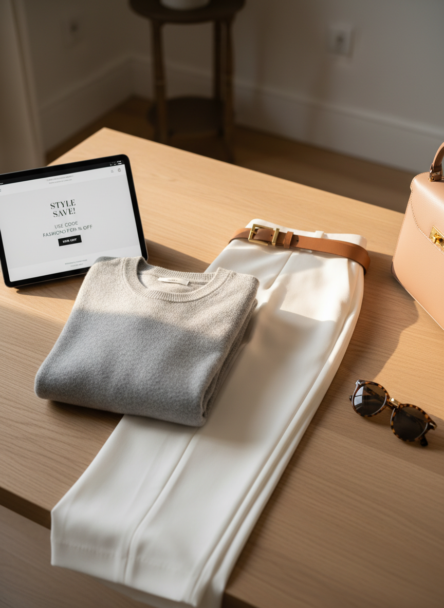 A refined desk-side scene featuring a carefully arranged outfit planning moment, set on a pale oak tabletop. Folded neatly is a soft dove-gray cashmere sweater with visible fine knit texture, alongside a pair of tailored white wide-leg trousers and a slim tan leather belt with a small gold buckle. Nearby, a sleek tablet displays a fashion blog layout with a clearly visible promo section that includes a tasteful discount code design element, integrated into the screen without dominating the scene. A structured nude leather handbag and tortoiseshell sunglasses rest close by. Gentle afternoon natural light streams from the right, creating soft highlights and subtle shadows, with a shallow depth of field blurring the background. The photographic, minimalist composition feels sophisticated and organized, reflecting a fashion enthusiast sharing styled outfits and exclusive codes.